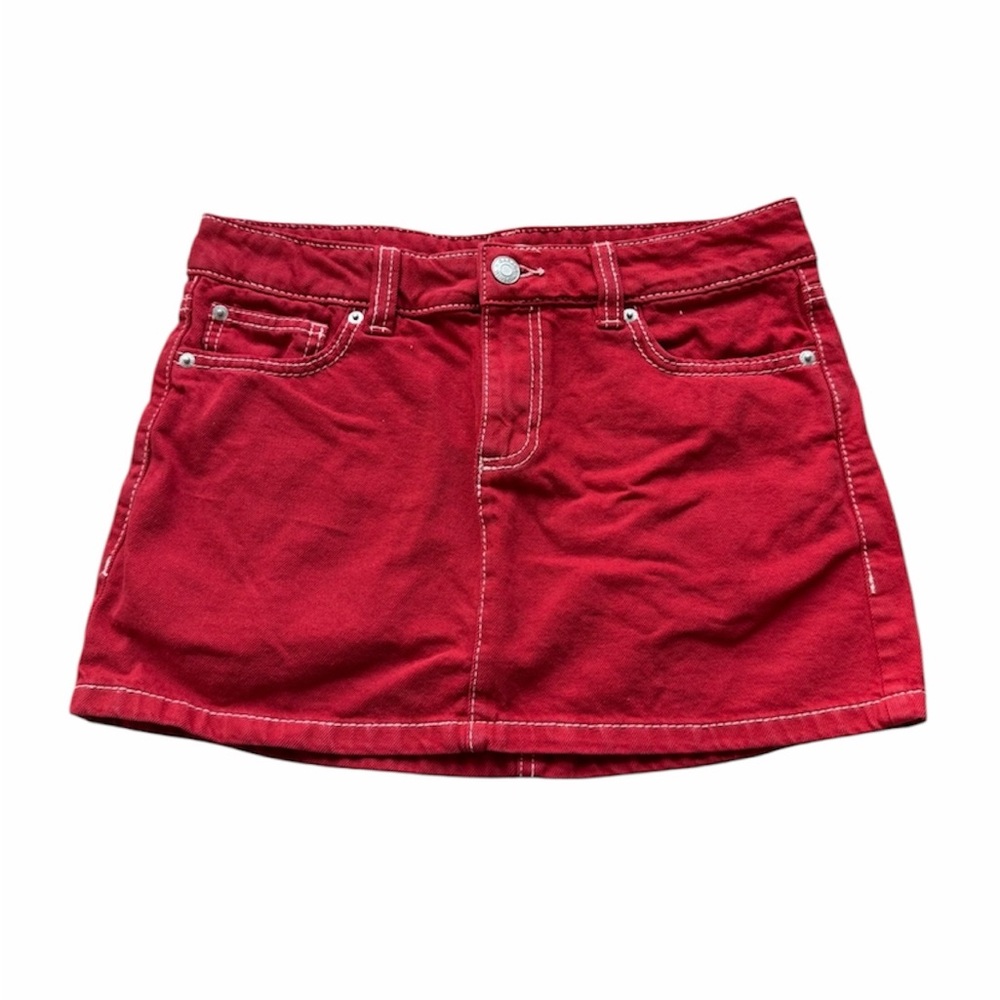 Garage red low rise mini denim skirt